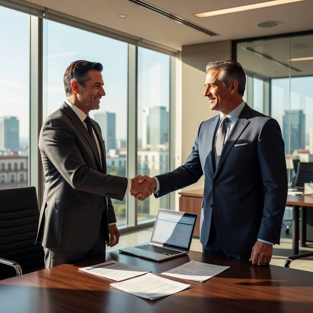 A photorealistic image depicting a professional business meeting in a modern Mexican office, where two adult businessmen are shaking hands over a table with documents, symbolizing trust and agreement in financial transactions, no children present, vibrant and realistic lighting.