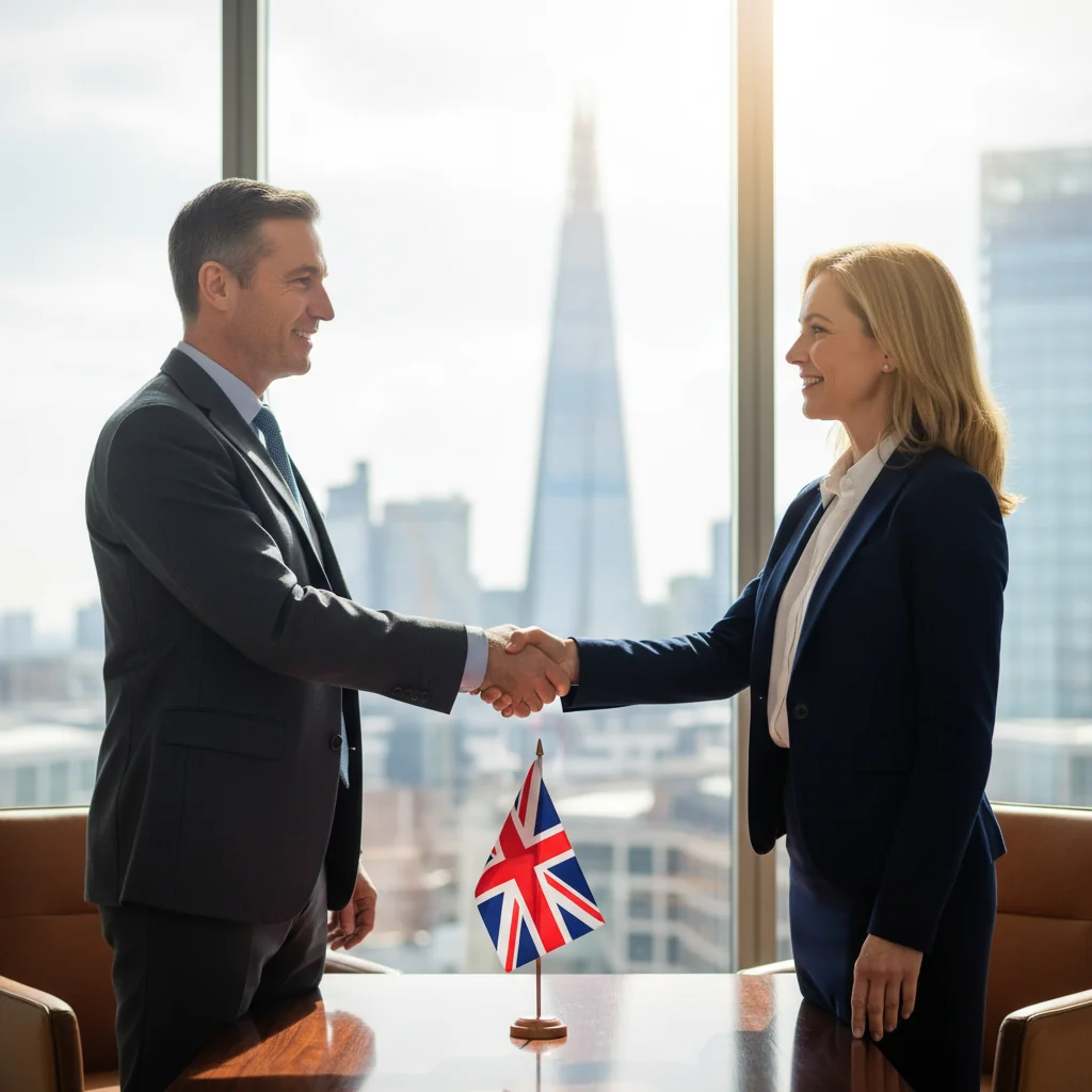 A photorealistic image of two adult professionals in a modern UK office, shaking hands over a desk to symbolize a financial agreement or loan commitment, with subtle British elements like a Union Jack flag in the background and London skyline visible through a window, conveying trust and legality without showing any documents.