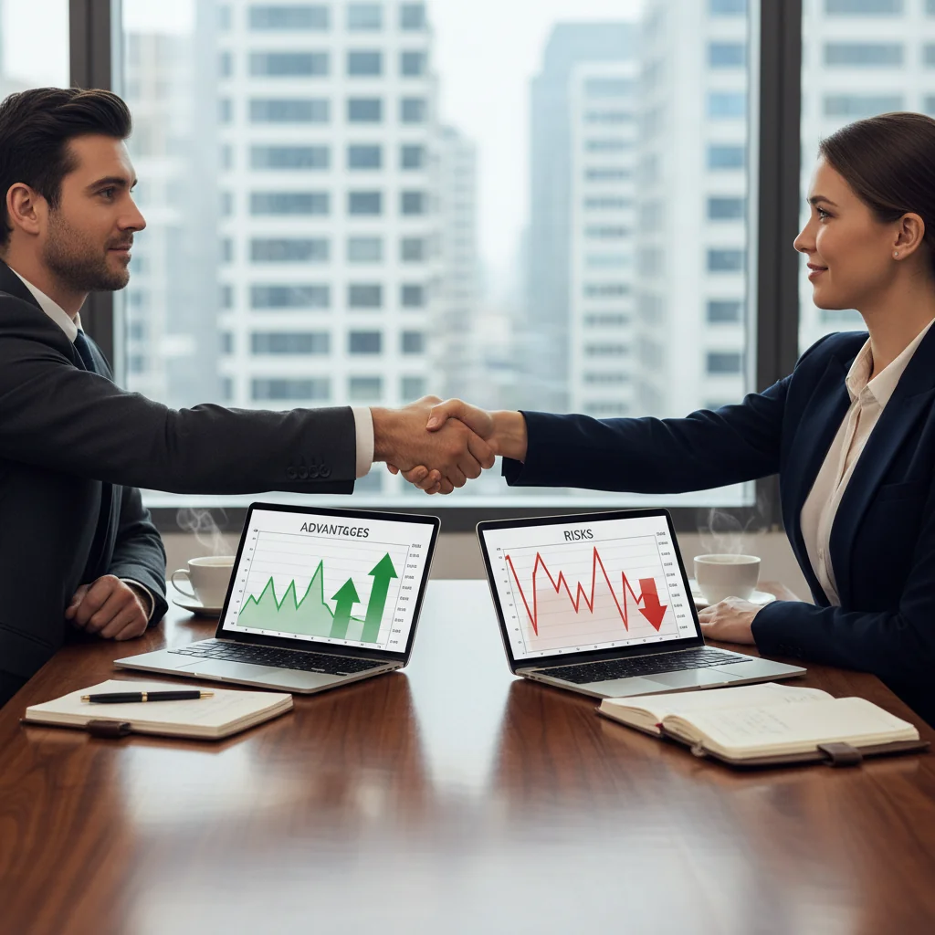 A photorealistic image depicting a professional business meeting between two adults in a modern office, shaking hands over a conference table with laptops and charts showing financial growth and risk graphs in the background, symbolizing the advantages and risks of commercial transactions using promissory notes.