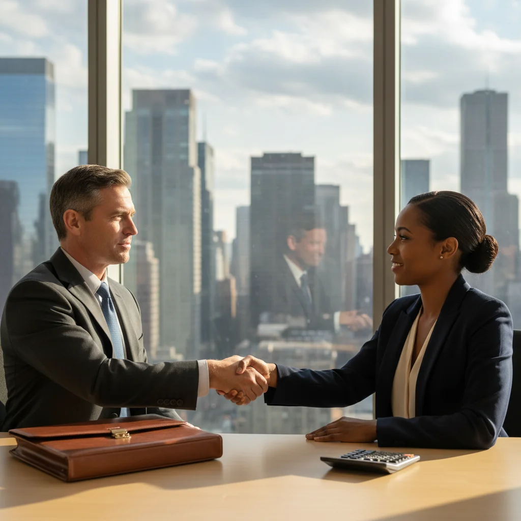 A photorealistic image of two adult professionals in a modern US office setting, one handing a symbolic key or financial document to the other, representing trust and agreement in borrowing, with American flag elements in the background to evoke a sense of security and opportunity for US borrowers.