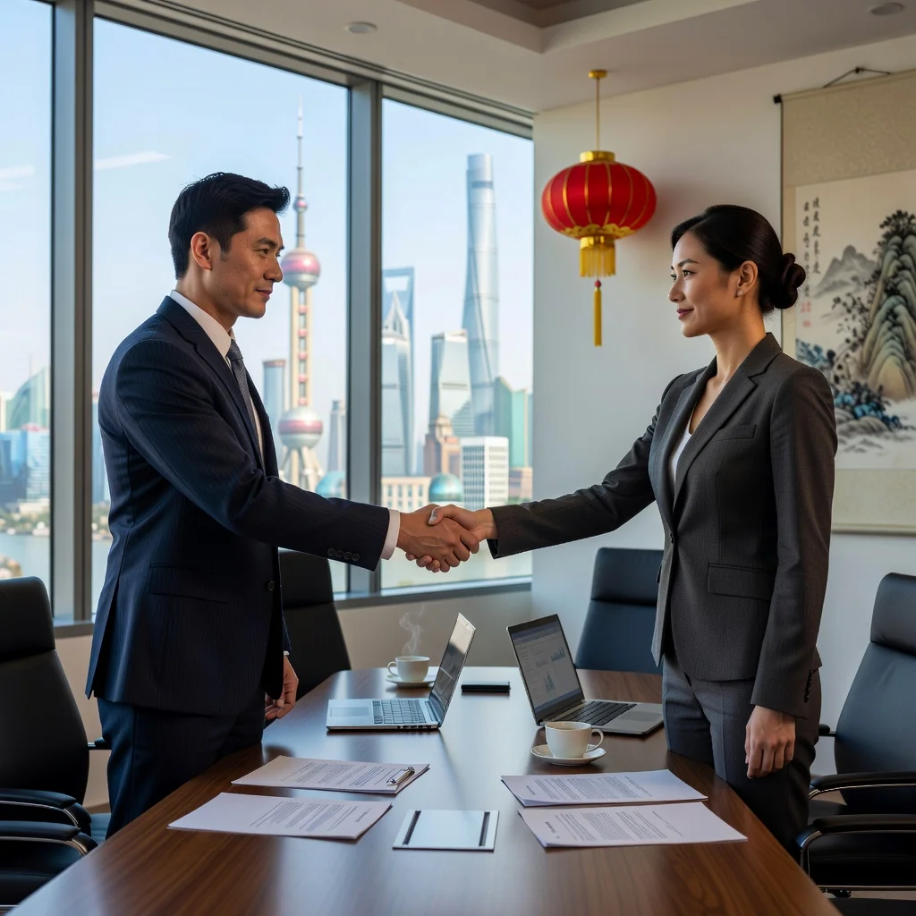 A photorealistic image symbolizing financial transactions and trust in Chinese culture, featuring two adult business professionals in a modern office in China shaking hands over a conference table with subtle Chinese architectural elements in the background, representing the purpose of a promissory note as a promise to pay without showing any documents or children.