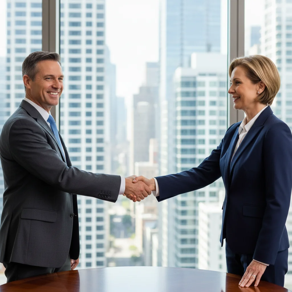 A photorealistic image of two adult professionals, a man and a woman in business attire, shaking hands across a desk in a modern office, symbolizing a successful financial agreement without any mistakes, conveying trust and partnership in a promissory note context. No children present.