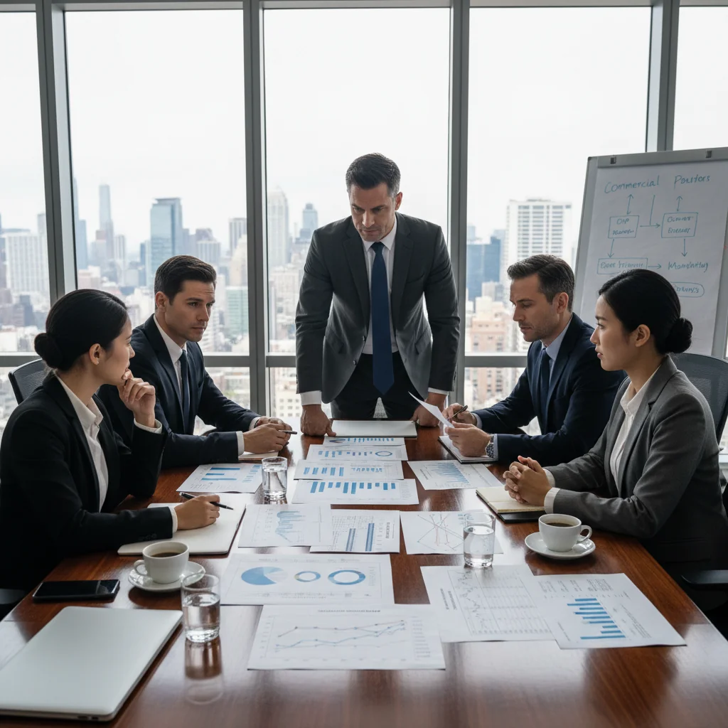 A photorealistic image depicting a professional business meeting in a modern office where executives are discussing financial documents and charts on a table, symbolizing corporate debt issuance and financial transactions, with no children present.