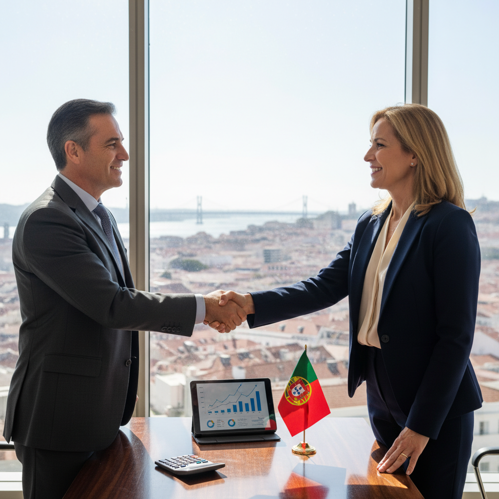 A photorealistic image of two professionals in a modern Portuguese office in Lisbon, shaking hands over a desk with financial charts and a subtle Portuguese flag in the background, symbolizing a commercial agreement or loan transaction facilitated by a bill of exchange, conveying trust and business partnership in the context of Portuguese commerce.