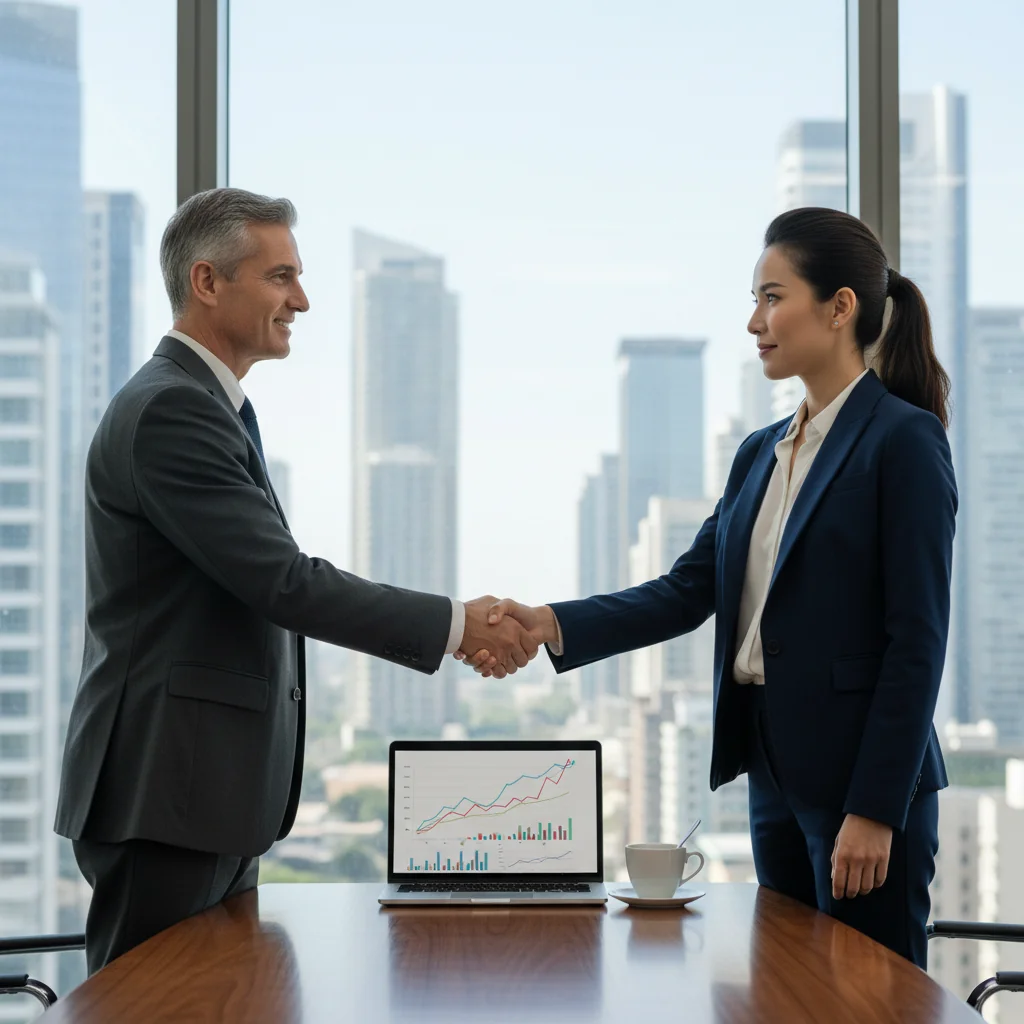A photorealistic image of two professional adults in a modern office setting, shaking hands over a conference table with subtle financial charts and graphs in the background, symbolizing the advantages and risks of commercial contracts without showing any documents.