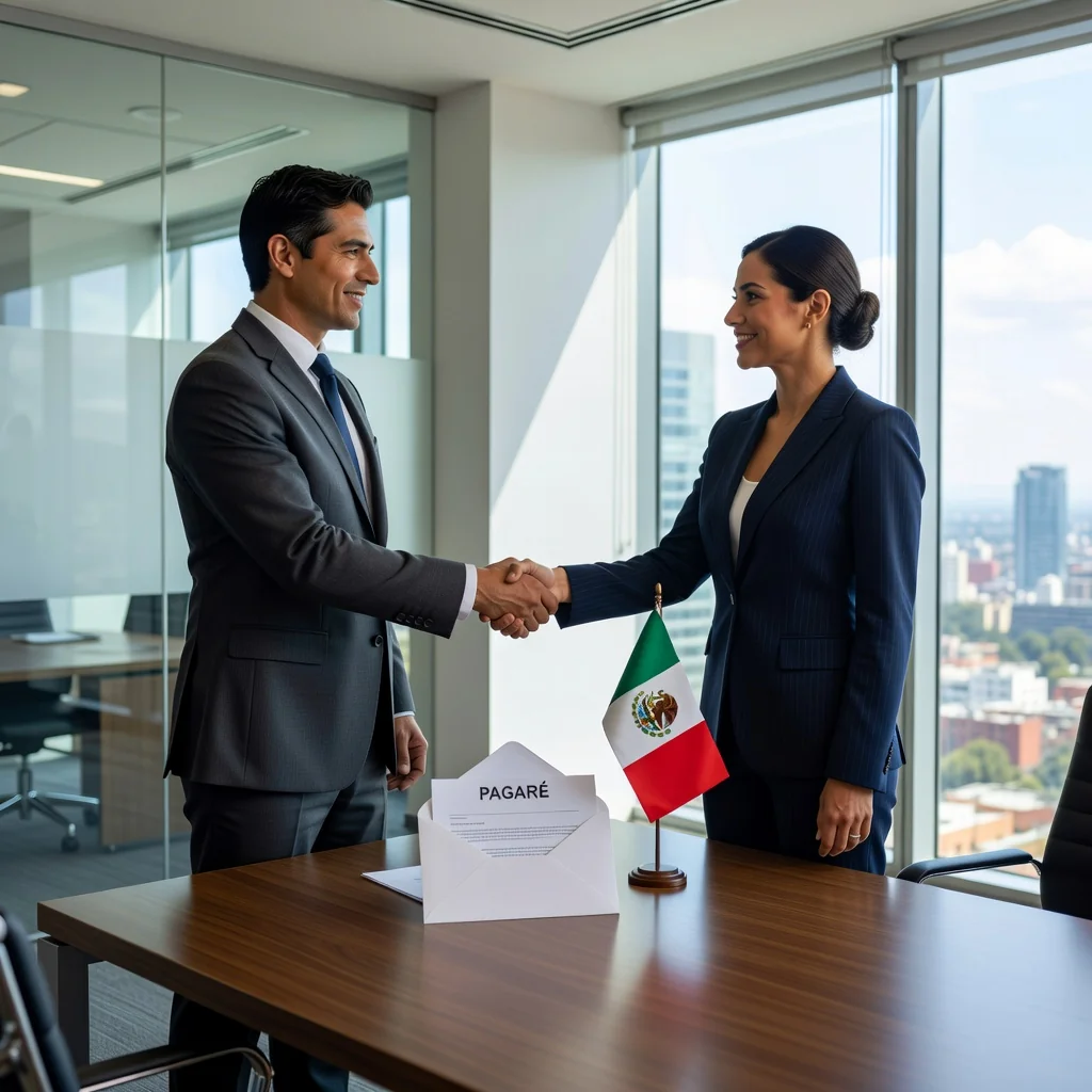A photorealistic image of two adult professionals in a modern Mexican office, one handing over a symbolic envelope representing a promissory note or financial agreement, with a background of the Mexican flag and business elements, conveying trust and legal financial transaction. No children present.