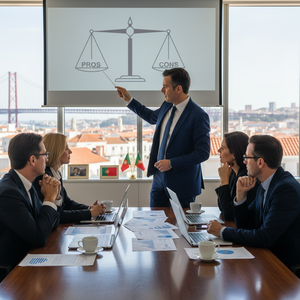 A photorealistic image depicting a professional Portuguese business meeting in a modern office, where a diverse group of adult business professionals is discussing financial strategies around a conference table with charts and graphs, symbolizing the advantages and risks of financial instruments like bills of exchange for Portuguese companies, with no children present.