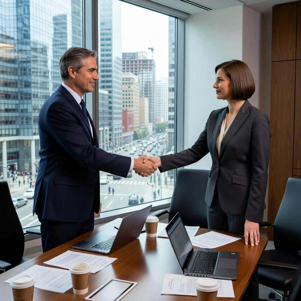A photorealistic image depicting a professional business meeting in a modern office, where two adult businesspeople are shaking hands over a conference table, symbolizing trust and agreement in commercial transactions, with city skyline visible through large windows in the background. No children or text visible.