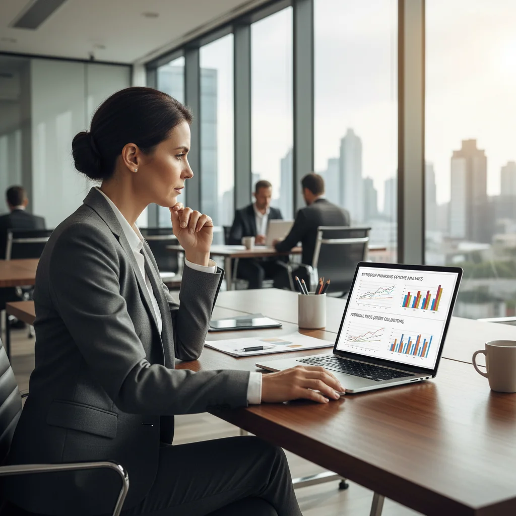 A photorealistic image of a confident business professional in a modern office, reviewing financial documents on a laptop with charts showing balanced pros and cons, symbolizing the advantages and risks of promissory notes for companies, no children present.