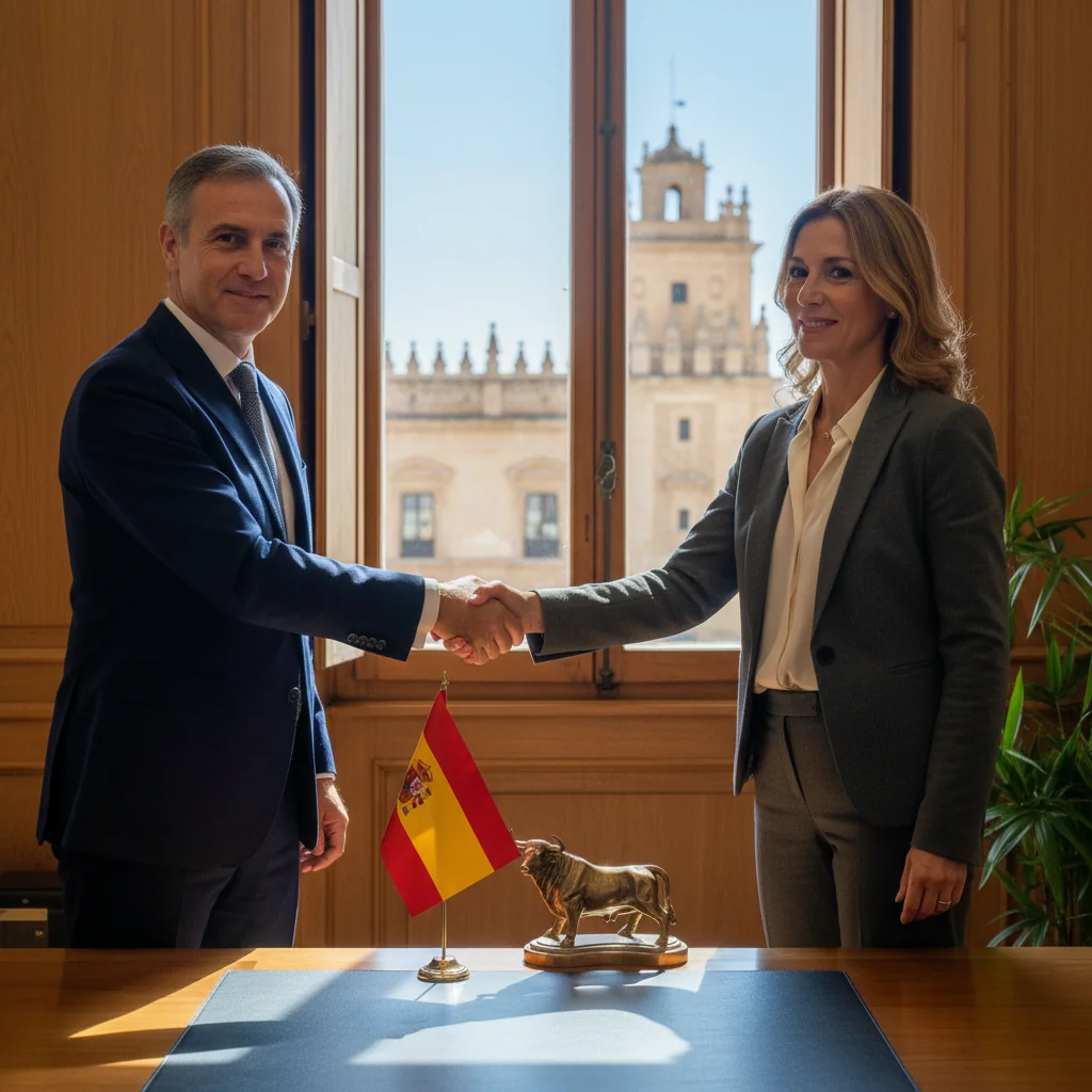 A photorealistic image of two professional adults in a modern Spanish office setting, shaking hands over a business agreement to symbolize trust and financial commitment in a promissory note transaction, with subtle Spanish elements like a flag or architecture in the background, conveying security and professionalism without showing any documents or children.