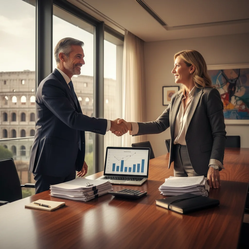 A professional business meeting in a modern Italian office, where two adults in business attire are shaking hands over a table with financial documents, symbolizing a financial agreement or promissory note transaction, with Italian flags or landmarks subtly in the background to evoke Italy, photorealistic style, no children present.