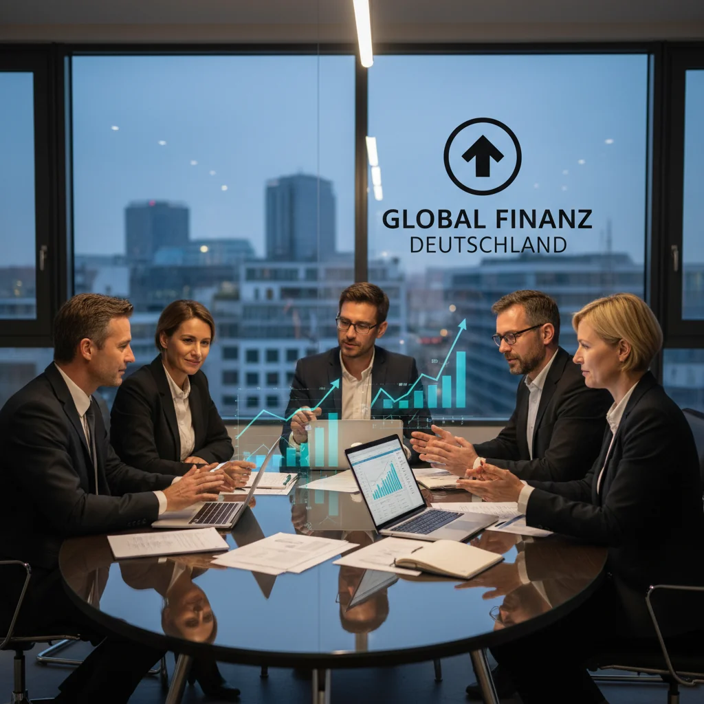 A photorealistic image of a professional business meeting in a modern German office, where executives are discussing financial strategies around a conference table with charts and laptops, symbolizing the benefits of promissory notes for companies in Germany. No children or legal documents are visible.