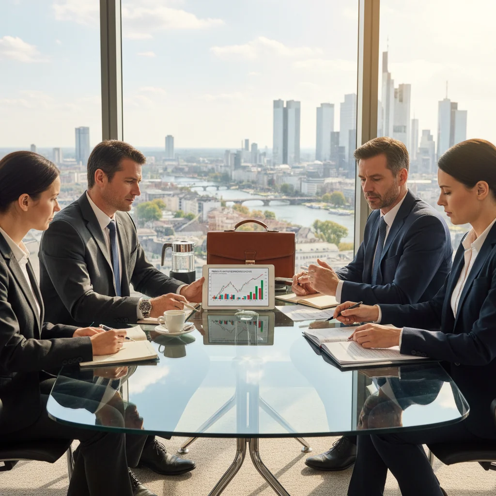 A photorealistic image of a professional business meeting in a modern German office, with adults in suits discussing financial documents around a conference table, symbolizing trust and agreement in Schuldschein loans, no children present.
