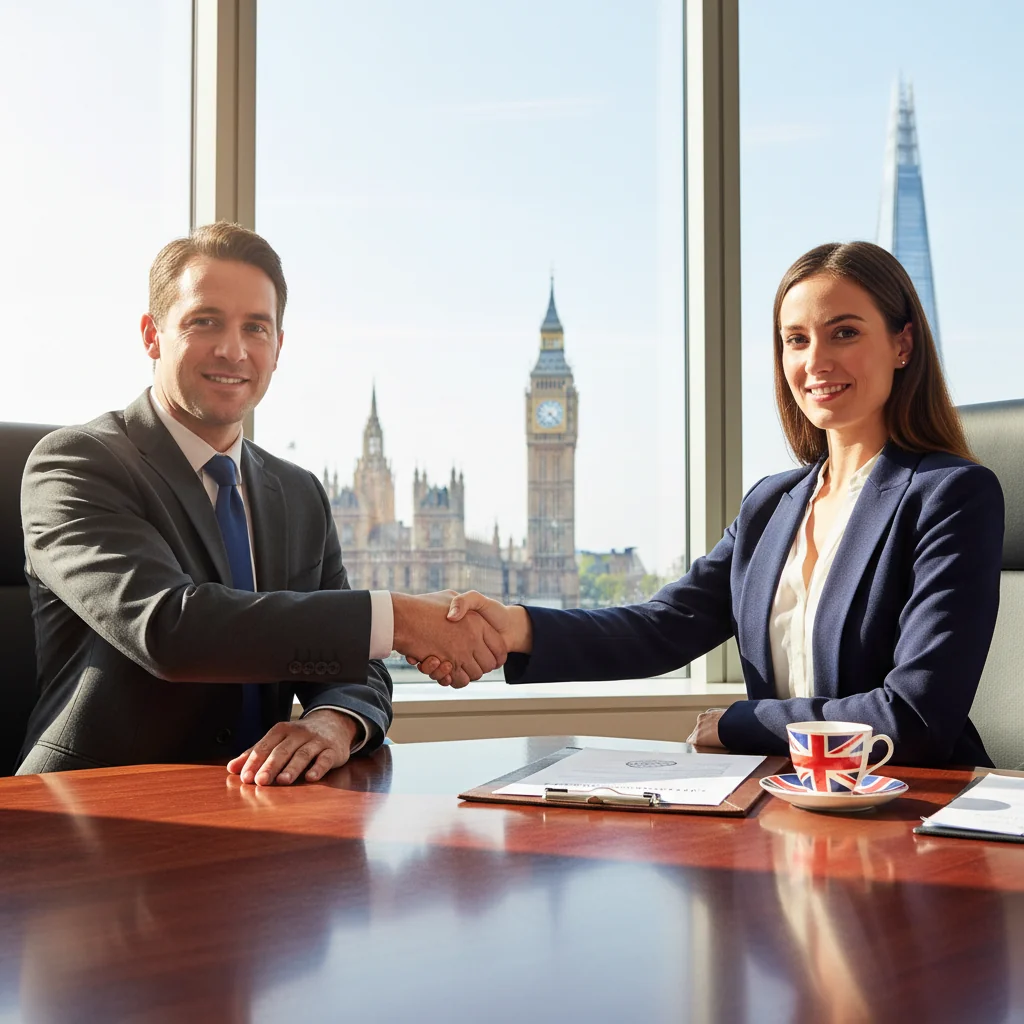 A professional business meeting in a modern UK office where two adults are shaking hands over a table, symbolizing a financial agreement or loan commitment, with subtle British elements like a Union Jack flag in the background, photorealistic style.