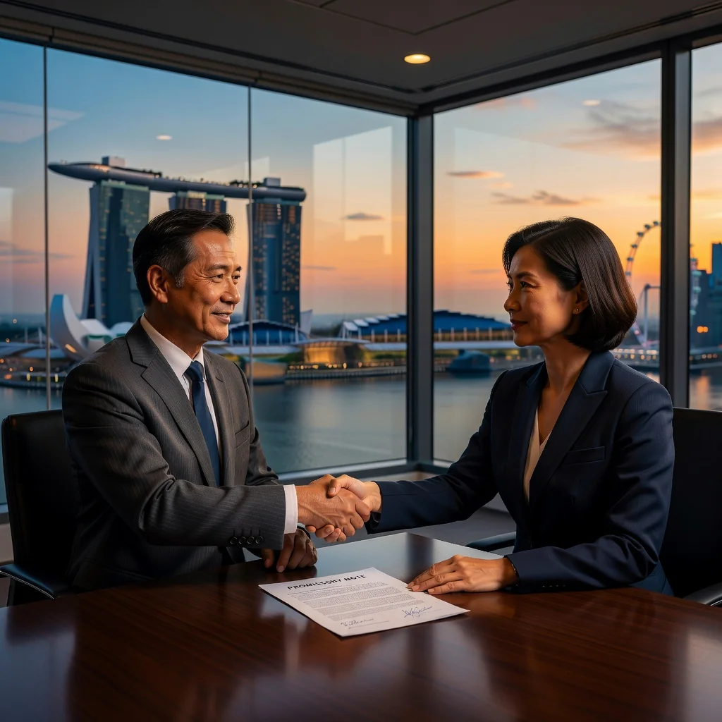 A photorealistic image representing trust and agreement in financial transactions in Singapore, featuring two professional adults shaking hands across a modern conference table with a subtle view of the Singapore skyline in the background, symbolizing a promissory note commitment without showing any documents.