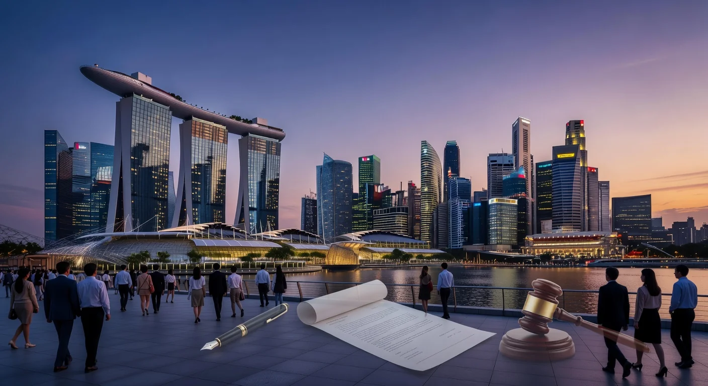 Singapore skyline with legal icons