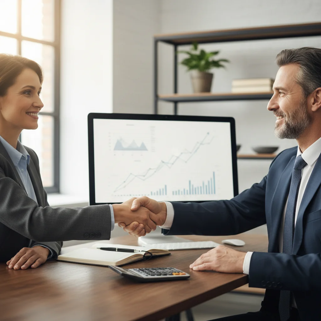 A photorealistic image of two professional adults shaking hands across a desk in a modern office, symbolizing a financial agreement or loan commitment, with subtle background elements like a calculator and charts to evoke trust and business partnership, no children present.