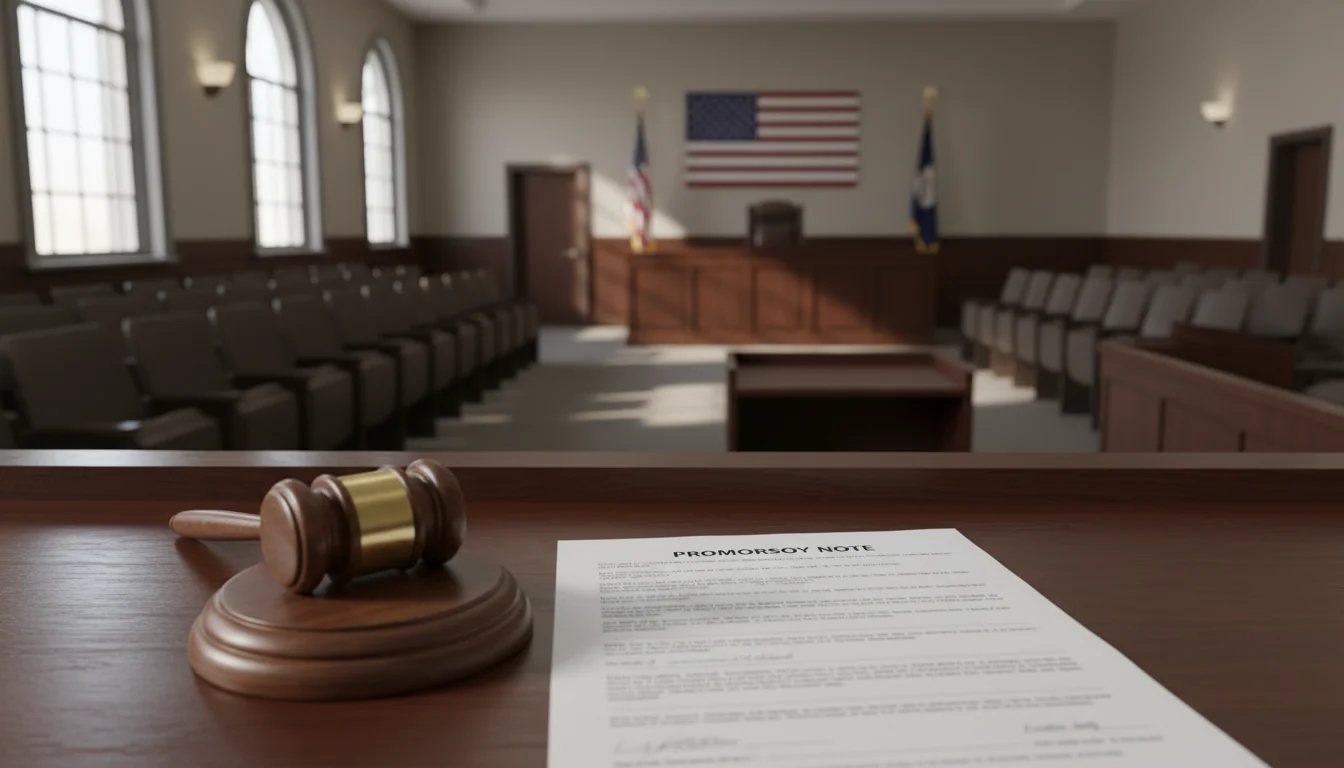 Gavel and promissory note in court