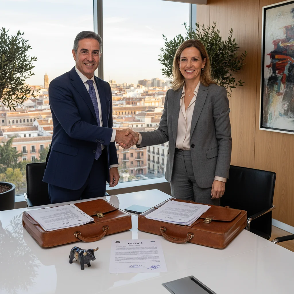 A photorealistic image of a professional business meeting in a modern Spanish office, where two adults are shaking hands over a table with subtle financial documents in the background, symbolizing a loan agreement or promissory note deal, with warm lighting and elements like a Spanish flag or architecture to evoke Spain, no children present.