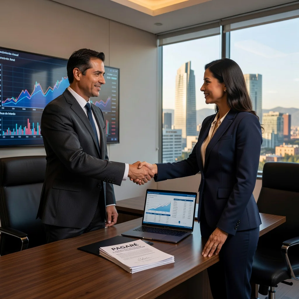 A photorealistic image representing the purpose of a Pagaré legal document in Mexico, which is a promissory note used for loans and financial agreements. Depict a professional adult Mexican businessperson in a modern office or bank setting, shaking hands with another adult professional over a desk, symbolizing a financial agreement or loan transaction. The scene should convey trust, professionalism, and economic activity in a Mexican context, with subtle cultural elements like a Mexican flag or cityscape in the background. No children or minors should be present in the image. The image must be entirely photorealistic, like a high-resolution photograph, and not a graphic, drawing, illustration, or any stylized art.