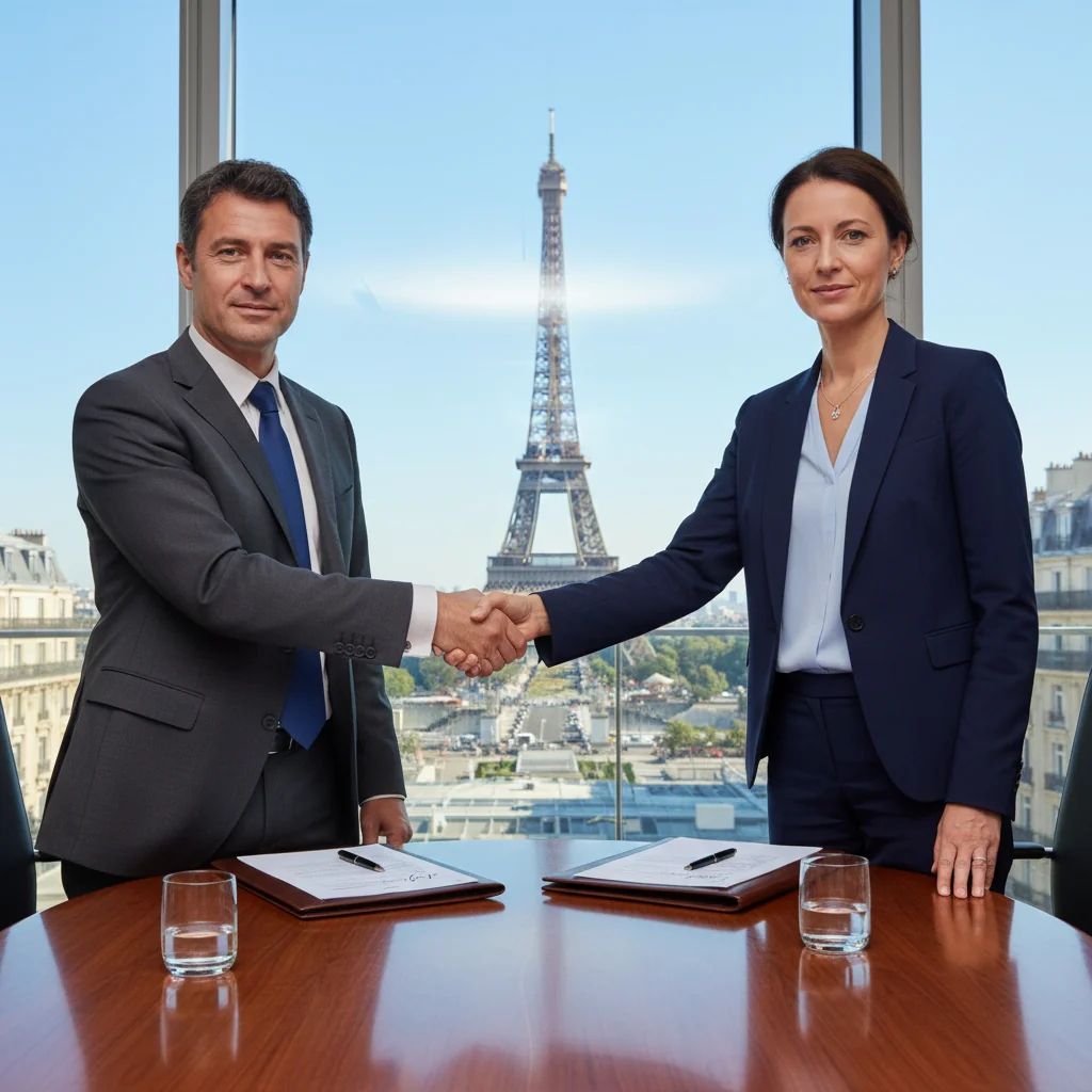 A photorealistic image of two French business professionals in a modern office in Paris, shaking hands over a conference table with the Eiffel Tower visible through the window, symbolizing a business agreement or promissory note transaction, no legal documents shown, no children present.