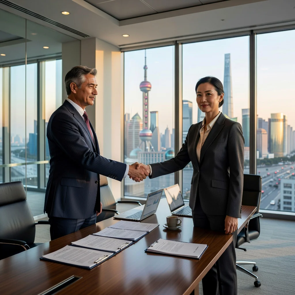 A photorealistic image representing the purpose of a promissory note in China, showing a professional business meeting in a modern Chinese office where adults are shaking hands to seal a financial agreement, symbolizing trust and commitment in business transactions.