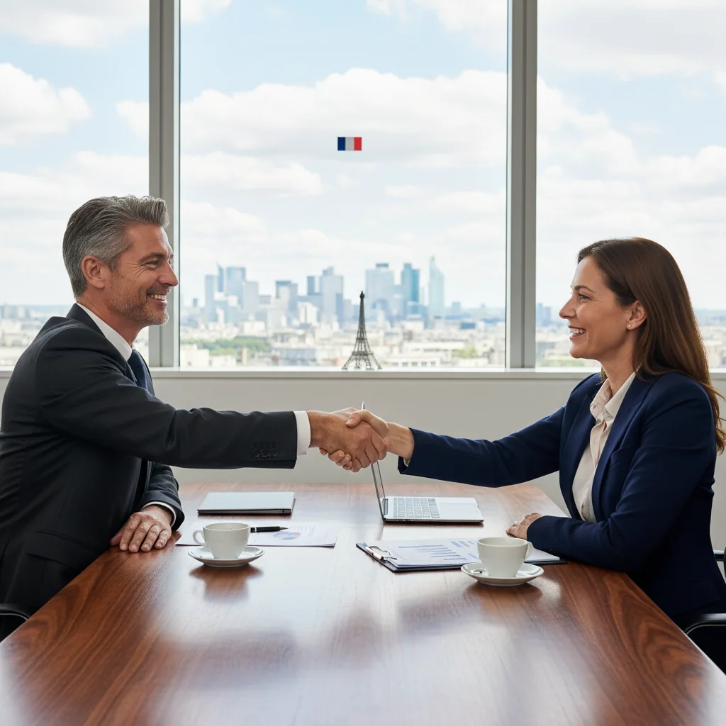 A photorealistic image of two professional adults in a modern French office setting, shaking hands over a business deal, symbolizing trust and security in a warranty agreement, with subtle French elements like a flag or Eiffel Tower view in the background. No children or documents visible.