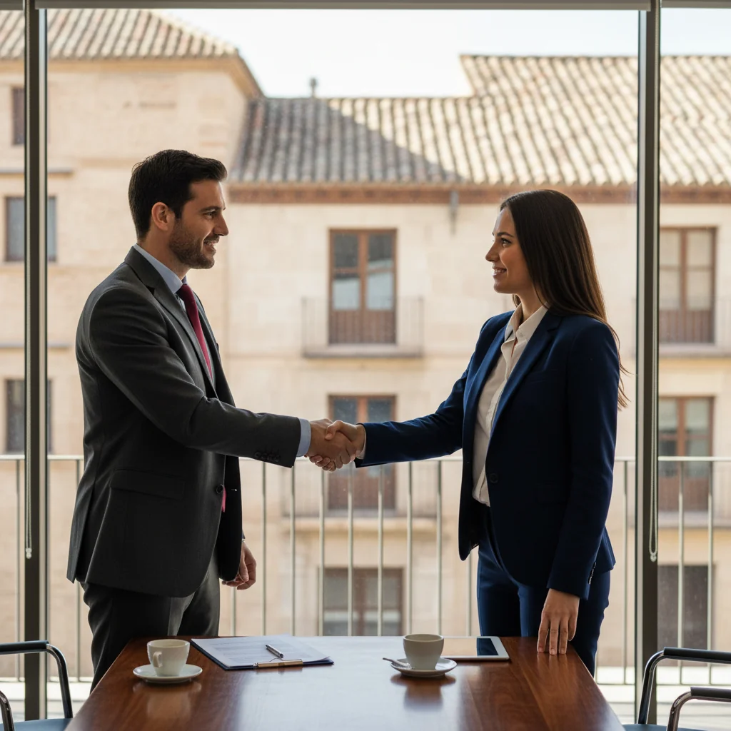 A photorealistic image symbolizing the security and trust provided by a guarantee contract in Spain, featuring a professional adult shaking hands with a business partner in a modern Spanish office, with subtle Spanish architectural elements in the background like a window view of a historic building, conveying reliability and agreement without showing any documents.