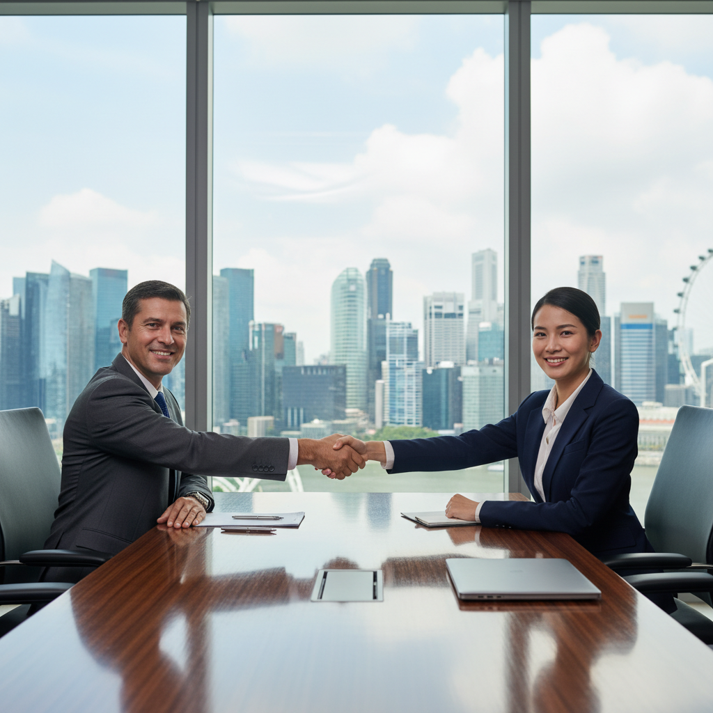 A photorealistic image depicting a professional business meeting in a modern Singapore office, where two adults in business attire are shaking hands over a table, symbolizing trust and agreement in a security deal, with subtle Singapore skyline visible through the window in the background. The scene conveys security, partnership, and legal assurance without showing any documents.