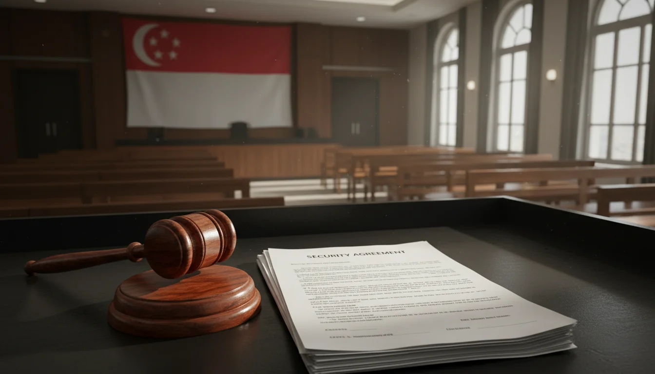 Gavel and Singapore flag in court