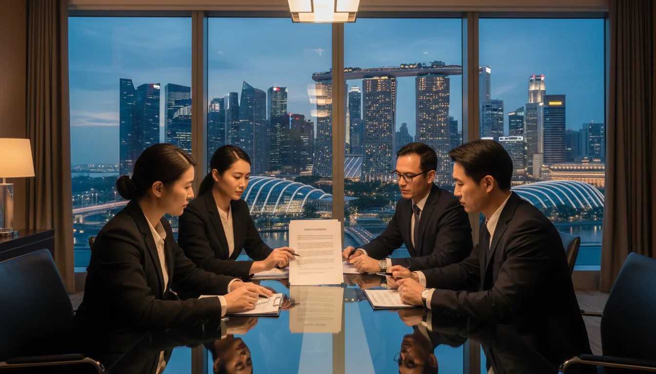 Singapore skyline with legal documents