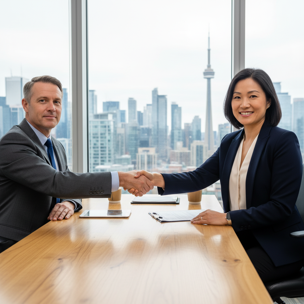 A photorealistic image of two professional adults, a business owner and a borrower, shaking hands across a desk in a modern Canadian office setting, symbolizing a secure financial agreement and trust in business lending, with elements like a maple leaf subtly in the background to represent Canada. No children or legal documents visible.