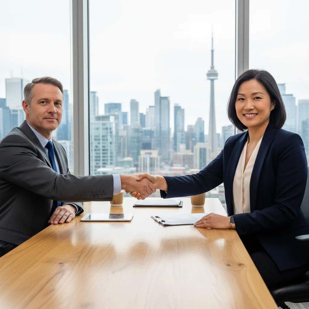 A photorealistic image of two professional adults, a business owner and a borrower, shaking hands across a desk in a modern Canadian office setting, symbolizing a secure financial agreement and trust in business lending, with elements like a maple leaf subtly in the background to represent Canada. No children or legal documents visible.