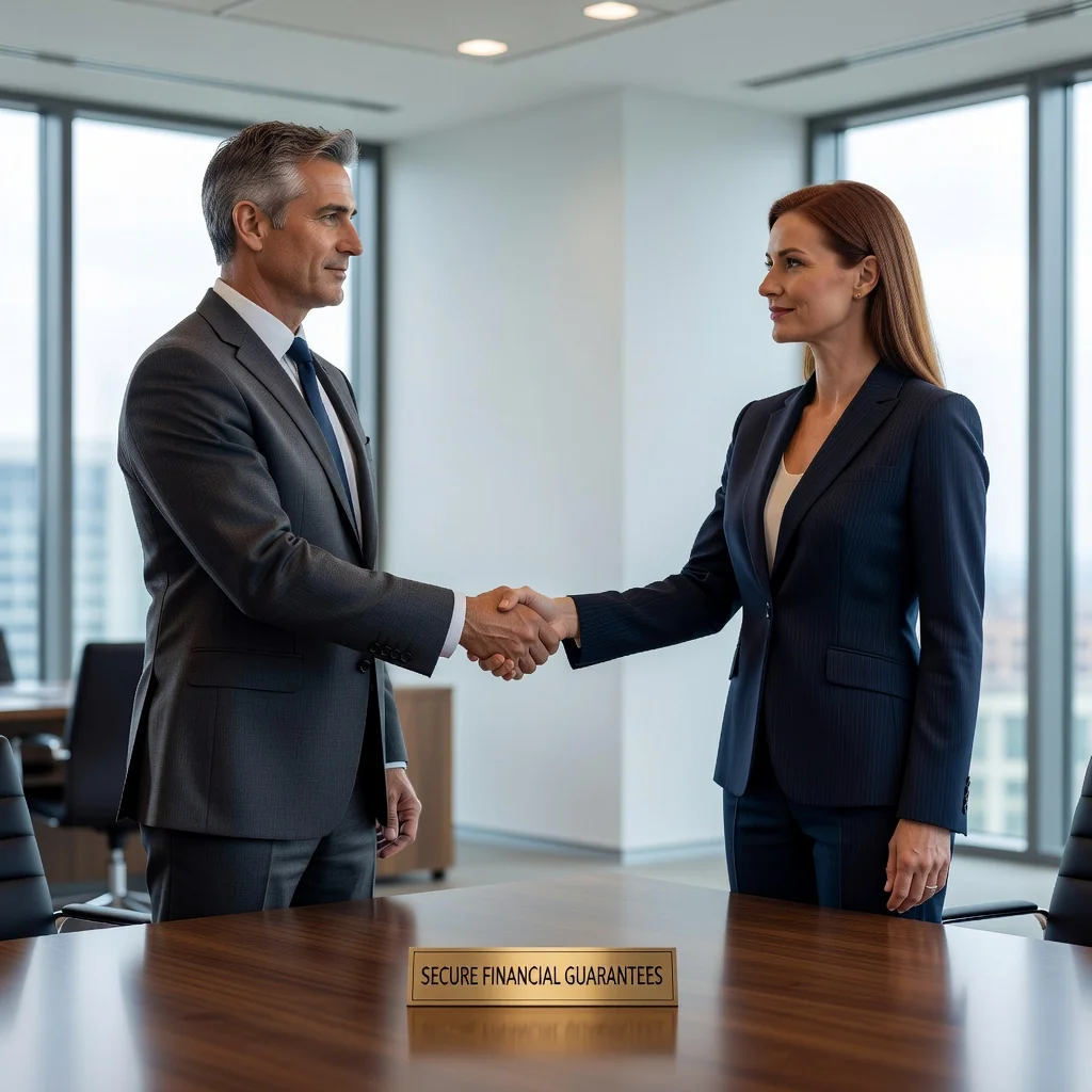 A photorealistic image depicting a professional business meeting where two adults are shaking hands over a table, symbolizing trust and agreement in a guarantee or surety arrangement, with a modern office background to represent risk management and dispute resolution in contracts.