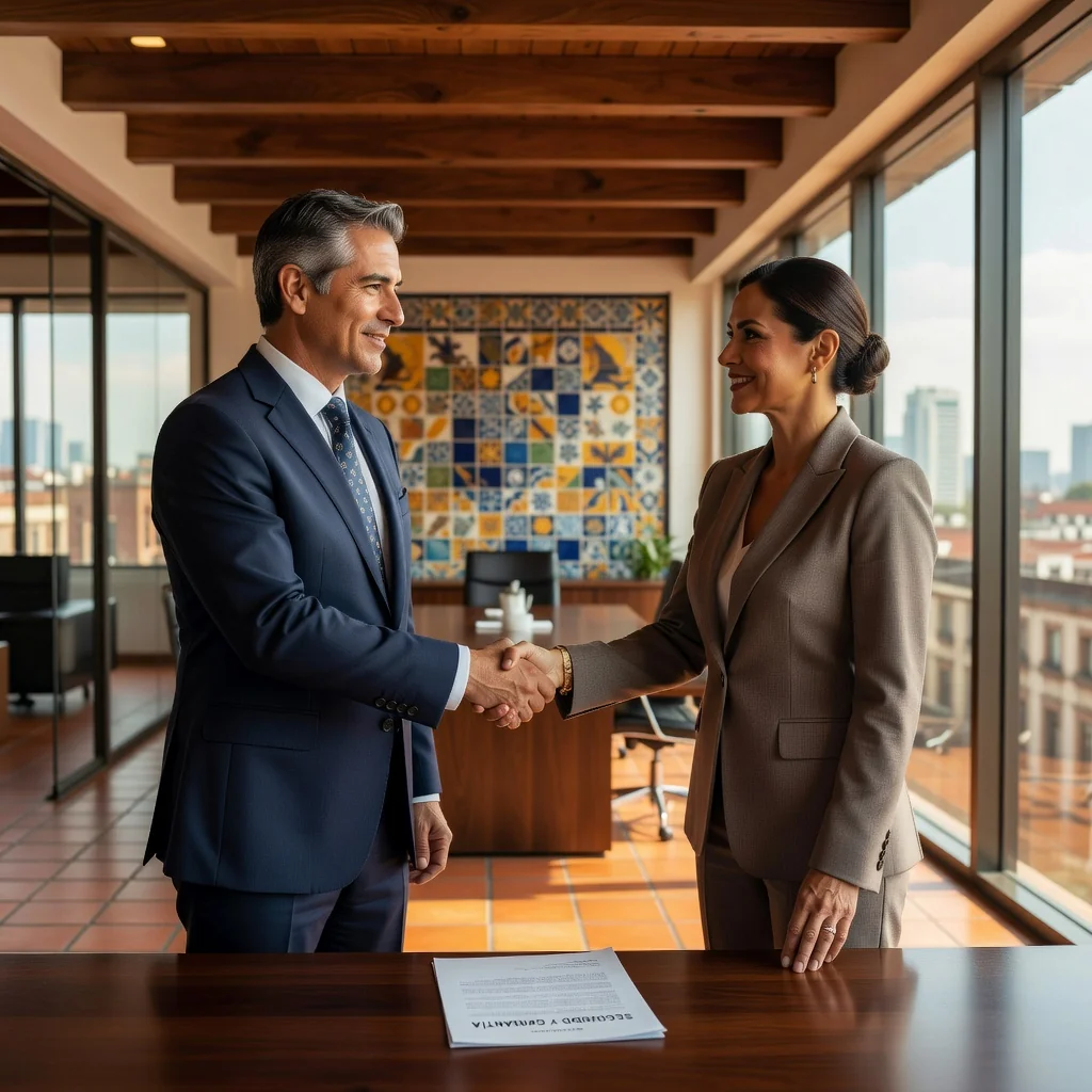 A photorealistic image representing the security and assurance provided by a warranty contract in Mexico, showing a professional business meeting in a modern Mexican office where two adults are shaking hands over a deal, with subtle Mexican cultural elements like a flag or cityscape in the background, conveying trust and protection without displaying any legal documents.