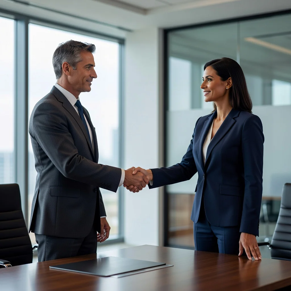 A professional scene representing the assurance and security provided by a guarantee contract, featuring two adults shaking hands in a modern office environment, symbolizing trust and agreement in a business partnership, with no legal documents visible.