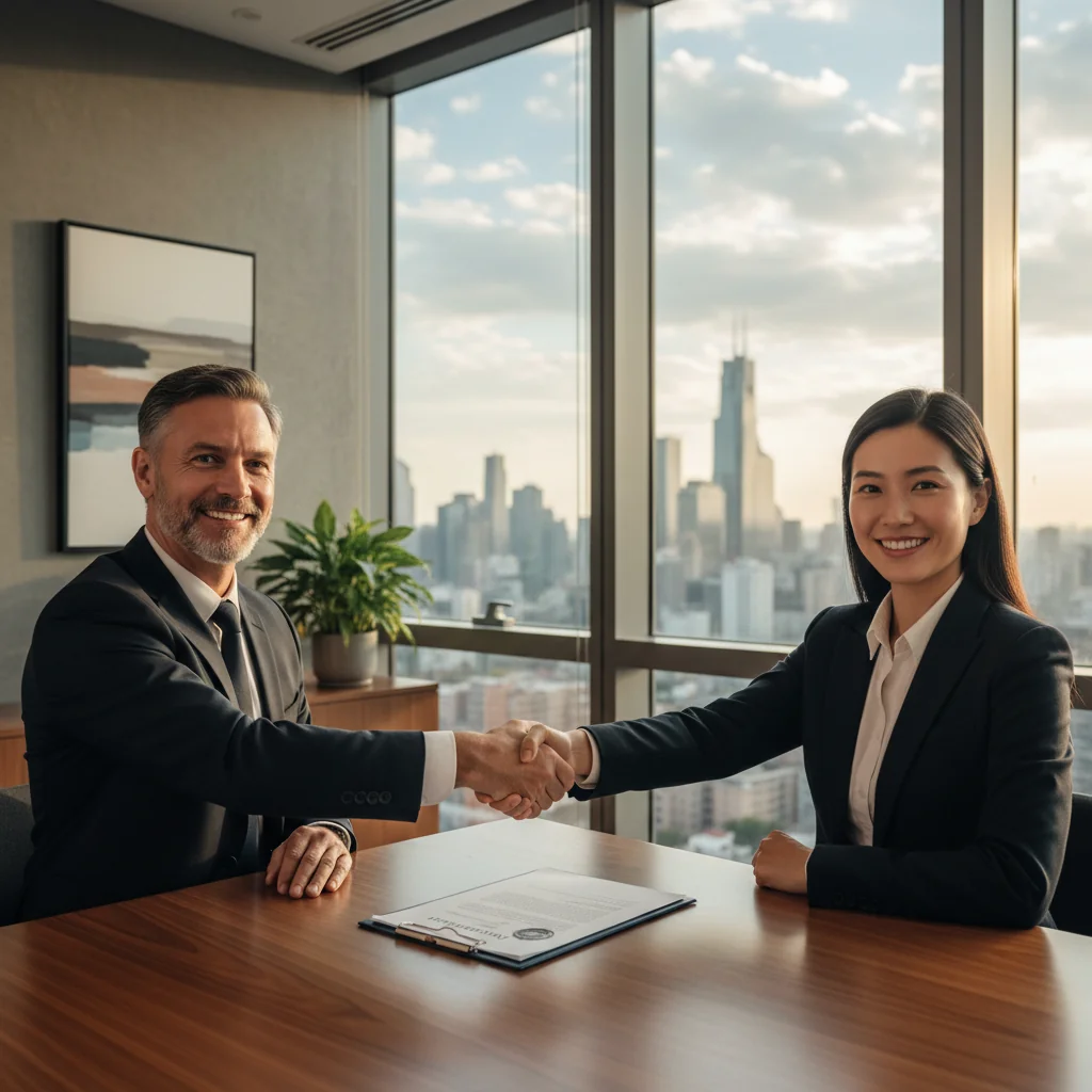 A photorealistic image of two professional adults shaking hands across a desk in a modern office, symbolizing a successful warranty agreement or business guarantee, with confident expressions and business attire, no legal documents visible.