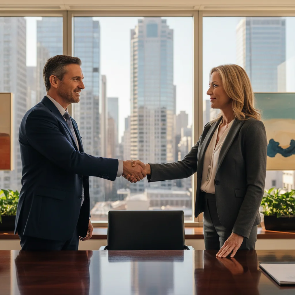 A photorealistic image of two professional adults shaking hands in a modern office setting, symbolizing a secure business agreement and trust in financial or asset security arrangements.