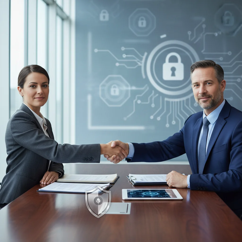 A photorealistic image representing security and assurance in business agreements, featuring a professional adult shaking hands with another adult in a modern office setting, symbolizing trust and protection of assets under a security agreement, with subtle background elements like locked safes or digital locks, no children present, no documents or text visible.