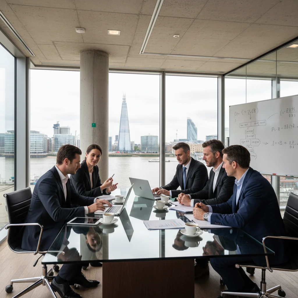 A photorealistic image of a professional business meeting in a modern UK office, where adults are discussing financial documents related to debentures, symbolizing the legal framework for corporate bonds in the United Kingdom. The scene conveys trust, finance, and legal compliance without showing any actual documents or children.
