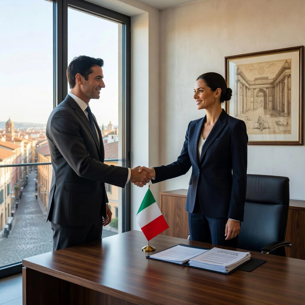 A photorealistic image of two professional businesspeople in a modern Italian office, shaking hands firmly across a desk, symbolizing a successful warranty agreement and trust in business partnerships for Italian enterprises. The scene conveys confidence, reliability, and protection in commercial dealings, with subtle Italian elements like a flag or architecture in the background.