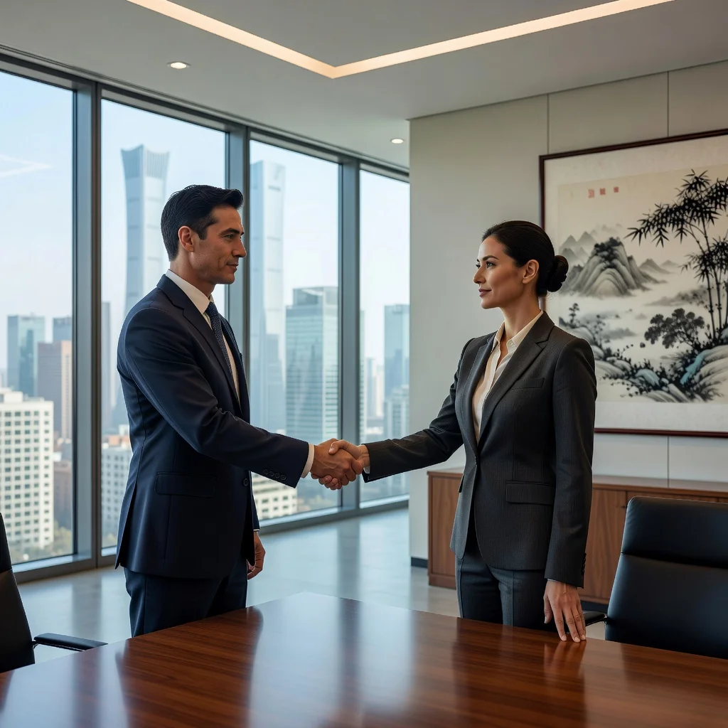 A photorealistic image symbolizing trust and security in financial agreements in China, featuring two adult business professionals in a modern Chinese office shaking hands over a table with subtle Chinese architectural elements in the background, conveying partnership and guarantee without showing any legal documents.