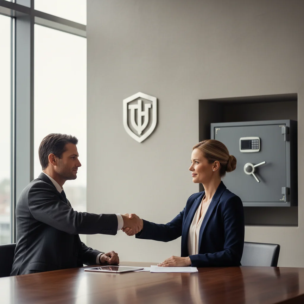 A photorealistic image symbolizing security and protection in a contractual agreement, showing a professional adult shaking hands with another adult in a modern office setting, with subtle background elements like a safe or shield icon representing safeguarding interests, no children present.