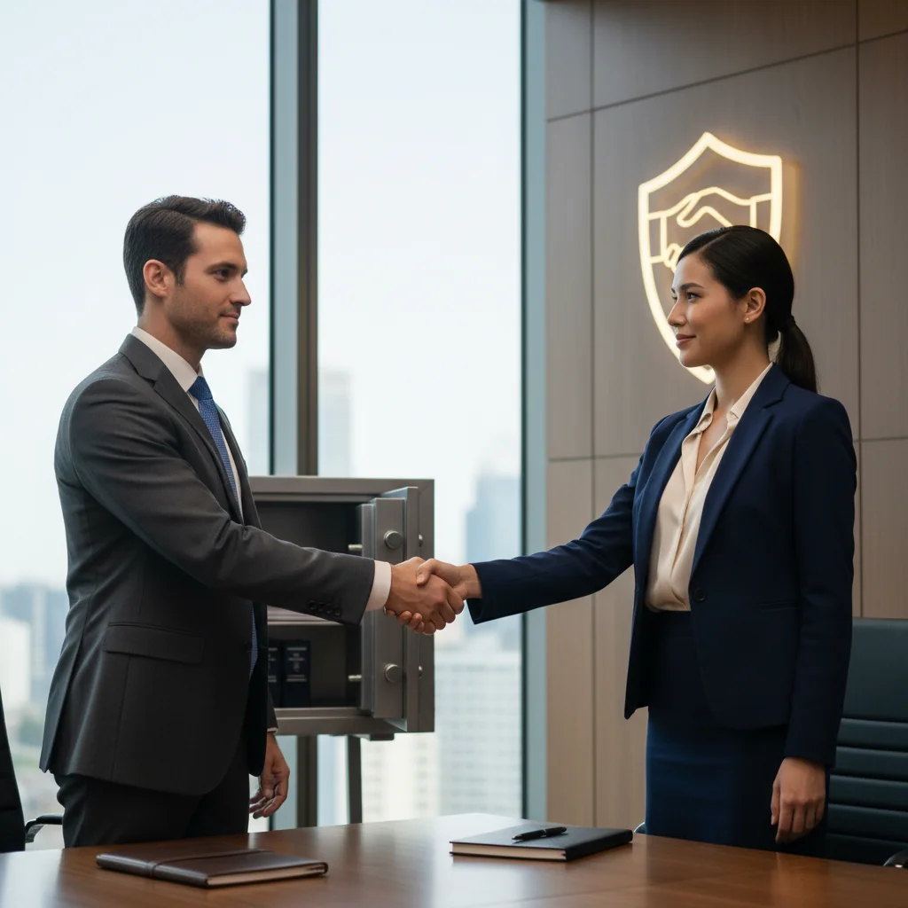 A photorealistic image symbolizing security and protection in a business context, featuring a professional adult shaking hands in a modern office setting with subtle elements like a locked safe or shield icon in the background, representing the enforcement of a security agreement without showing any legal documents.