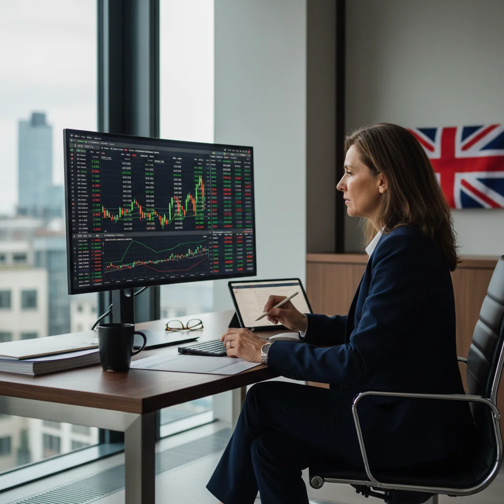 A photorealistic image of a professional adult investor in a modern office setting, thoughtfully analyzing financial charts on a computer screen displaying UK stock market data and debenture investment graphs, symbolizing the advantages and risks of investing in UK debentures, with a balanced expression of caution and opportunity.