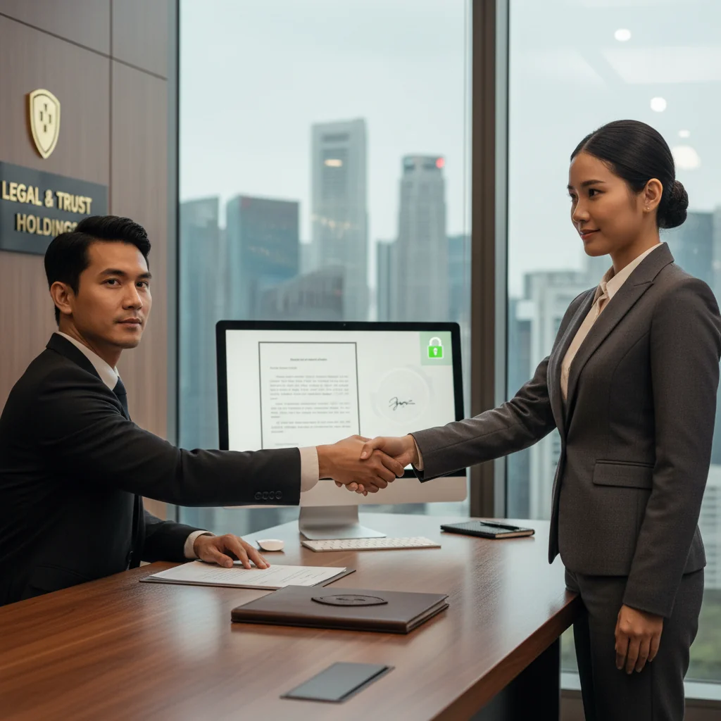 A professional scene in a modern Singapore office, showing a business executive shaking hands with a colleague over a desk, symbolizing a secure business agreement. The background includes elements like the Singapore skyline visible through windows, emphasizing trust and security in a corporate setting. No children are present. The image is photorealistic, capturing real-life details.