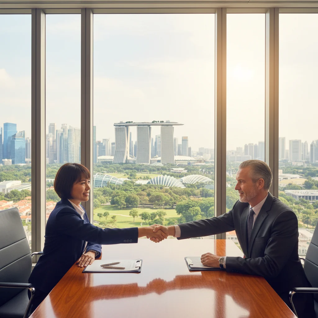A photorealistic image of two professional adults, a man and a woman in business attire, shaking hands firmly across a modern conference table in a sleek Singapore office with city skyline view in the background, symbolizing a secure business agreement.