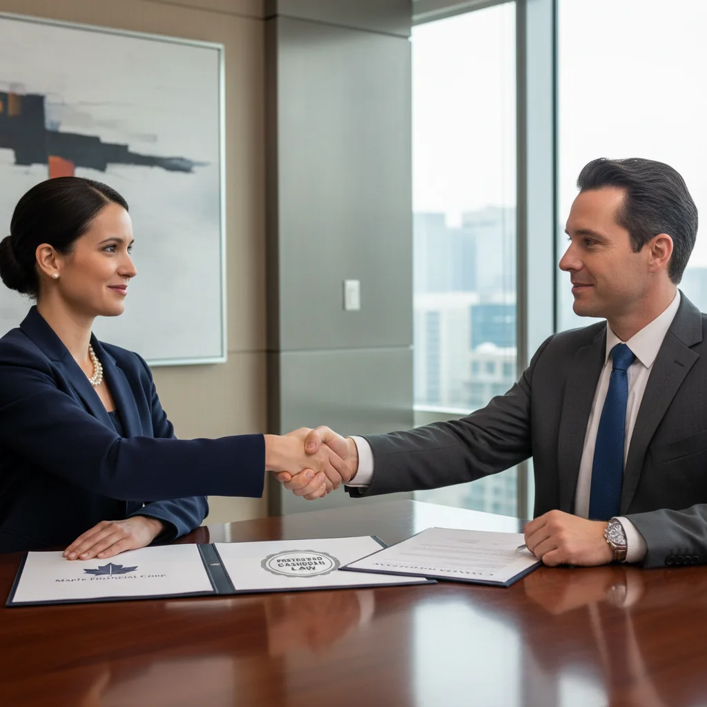 A photorealistic image depicting a professional business meeting between two adults, symbolizing trust and agreement in a security arrangement, such as a lender and borrower shaking hands over a table in a modern office, conveying security and legal assurance without showing any documents.