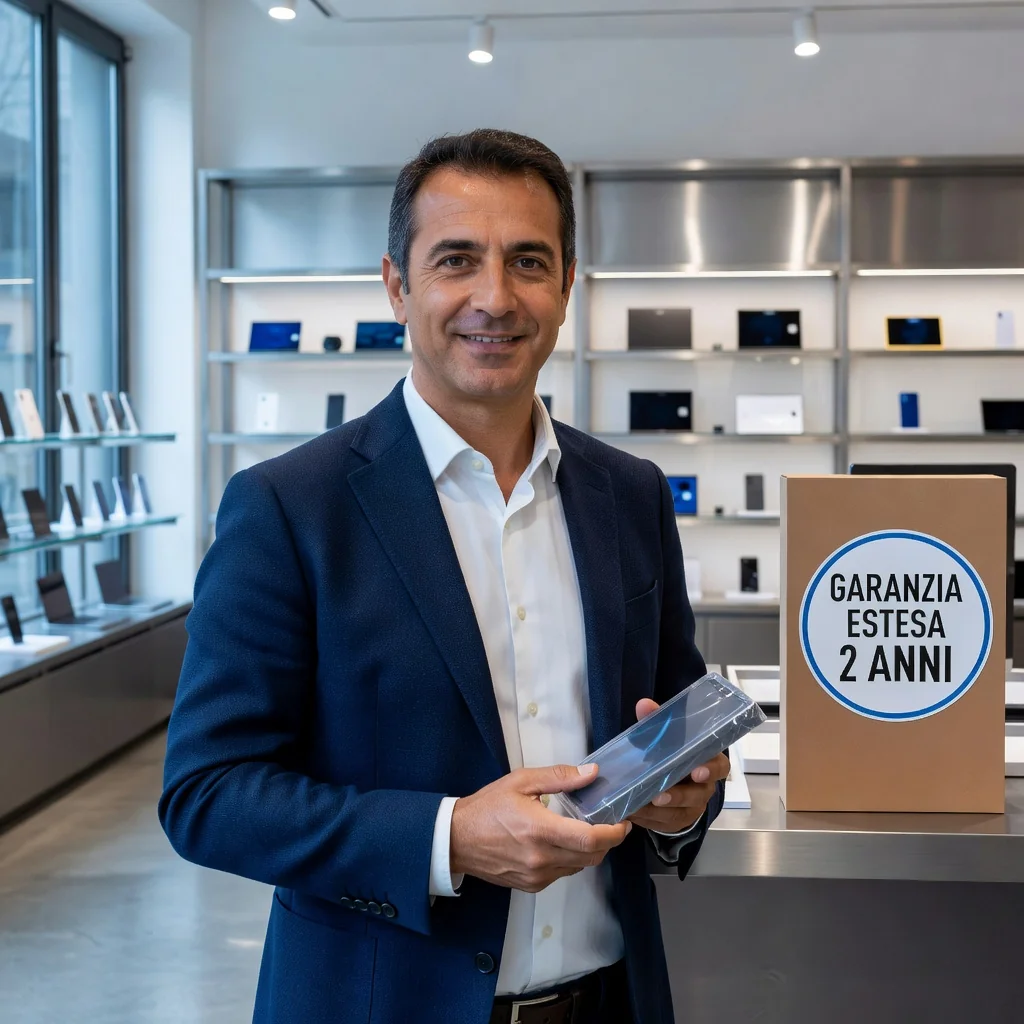 A photorealistic image representing the security and assurance provided by a warranty contract in Italy, featuring a confident adult customer in a modern Italian store receiving a product with a satisfaction guarantee symbol, emphasizing trust and protection without showing any documents or children.
