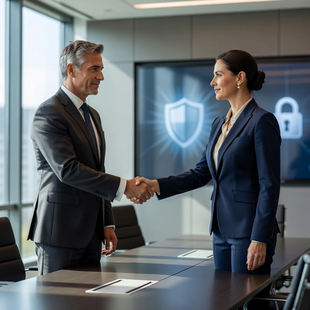 A photorealistic image representing trust and protection in a warranty contract, featuring two adults shaking hands in a professional setting with subtle symbolic elements like a shield or lock icon in the background, evoking security and agreement without showing any legal documents.